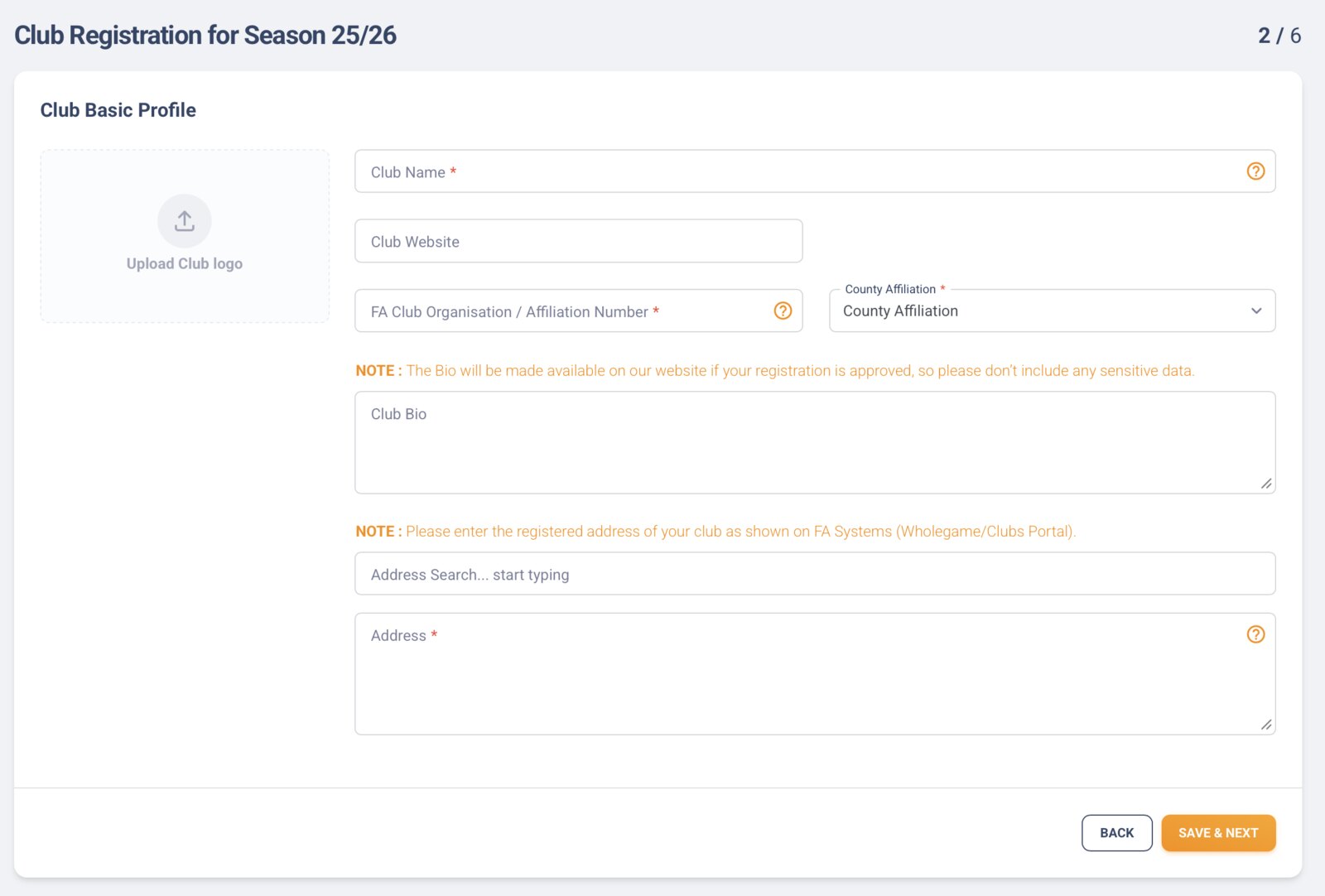 Step 2 of 6 of the guided club registration