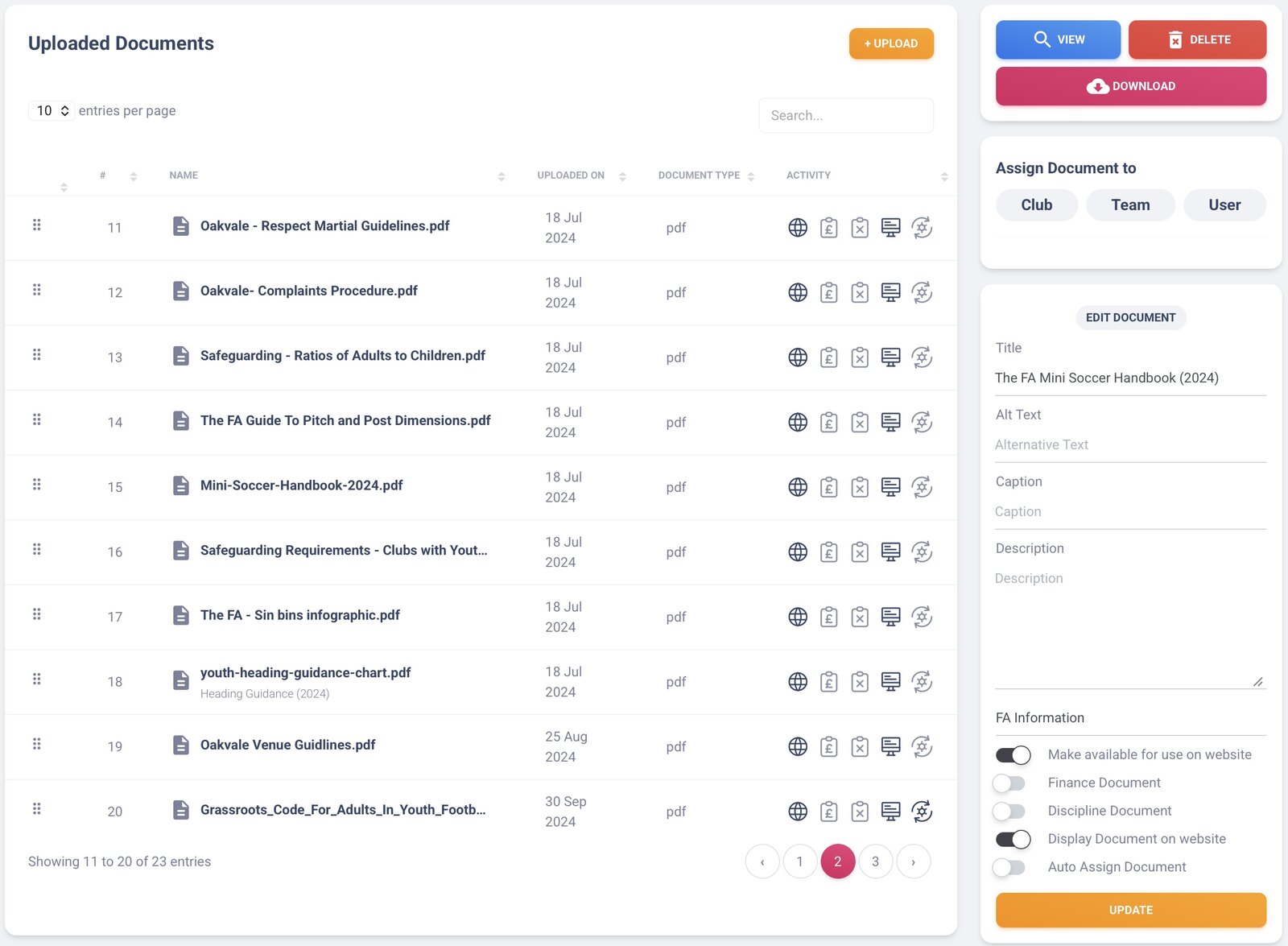 The Document Vault, with policy documents that can be assigned to clubs, teams or users