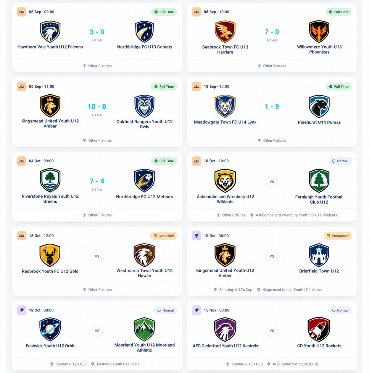 Fixtures and results with club crests, scores and match status