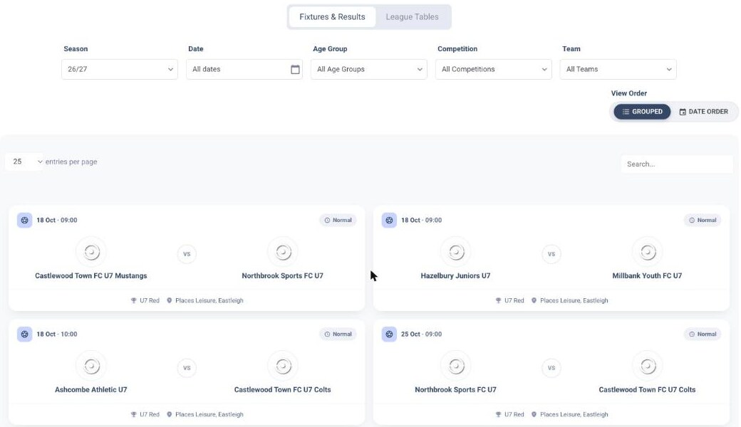 A league's public fixtures page