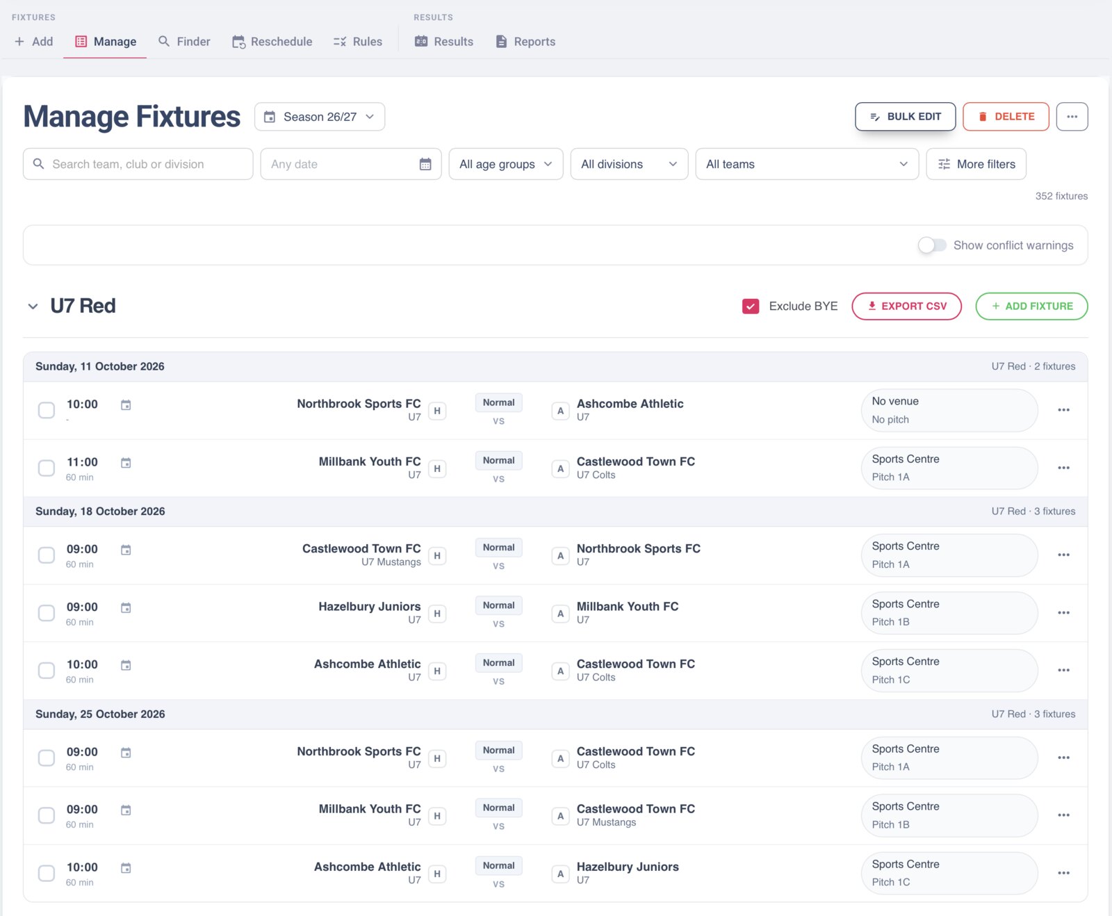 Manage Fixtures, grouped by matchday with bulk edit and filters