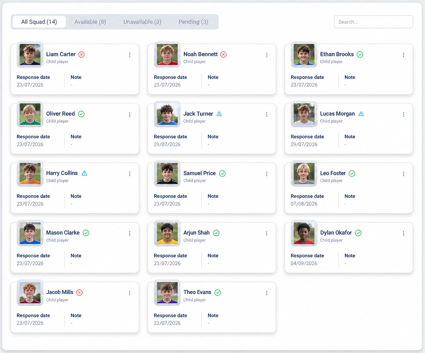 Squad availability: who is available, unavailable or yet to reply, with response dates