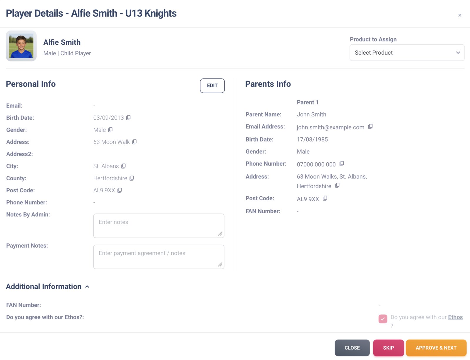 A new player's details with parent information, ready to approve and assign a product