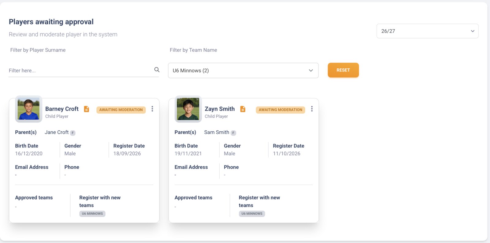 Players awaiting approval, each linked to their parent