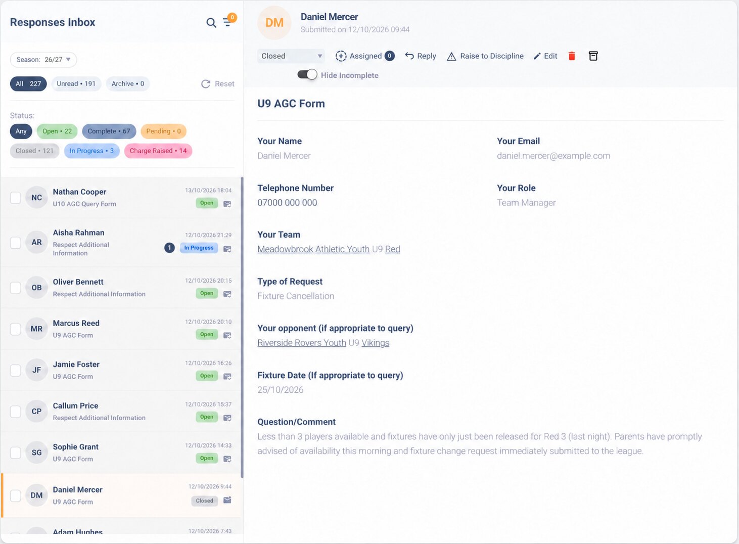 The Response Inbox, with form submissions filtered by status and one response open