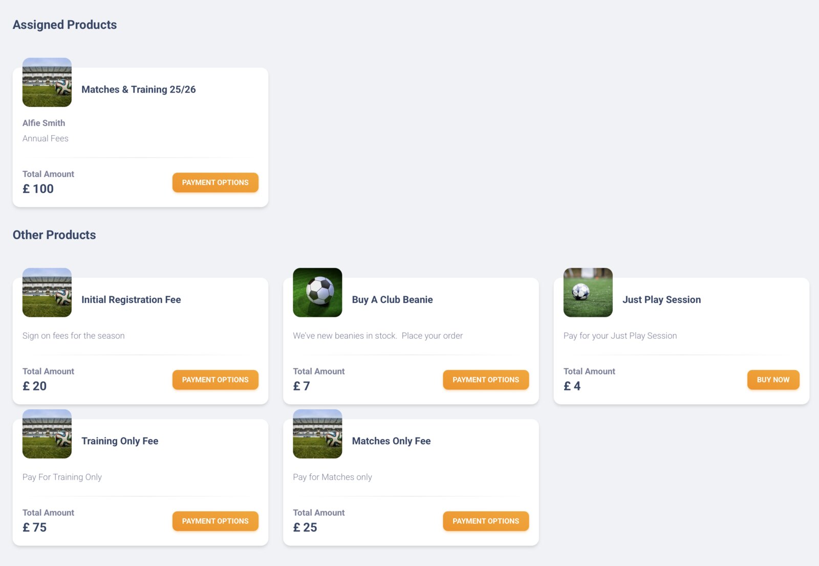 Products a parent can pay for online: annual fees, registration, training, kit and sessions